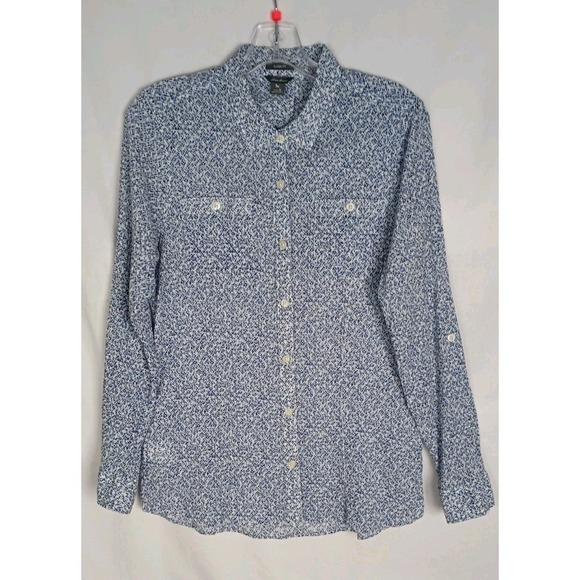 Eddie Bauer Women's Shirt Sz M Classic Fit Blue White Print Roll-Tap - Picture 3 of 7